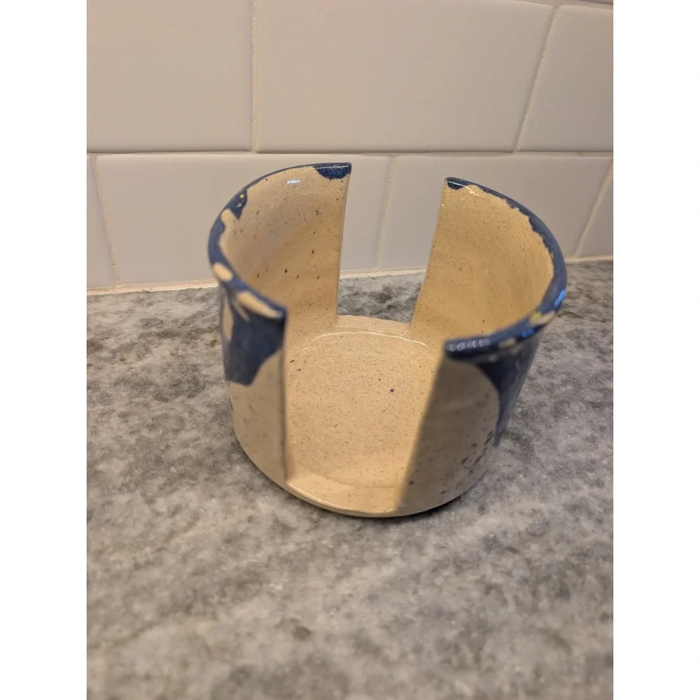 Signed Studio Pottery Blue & Cream Ceramic Sponge / Napkin Holder